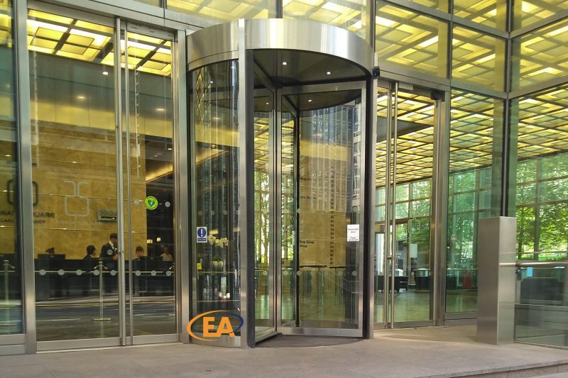 EA Group revolving door installation at Canary Wharf, London