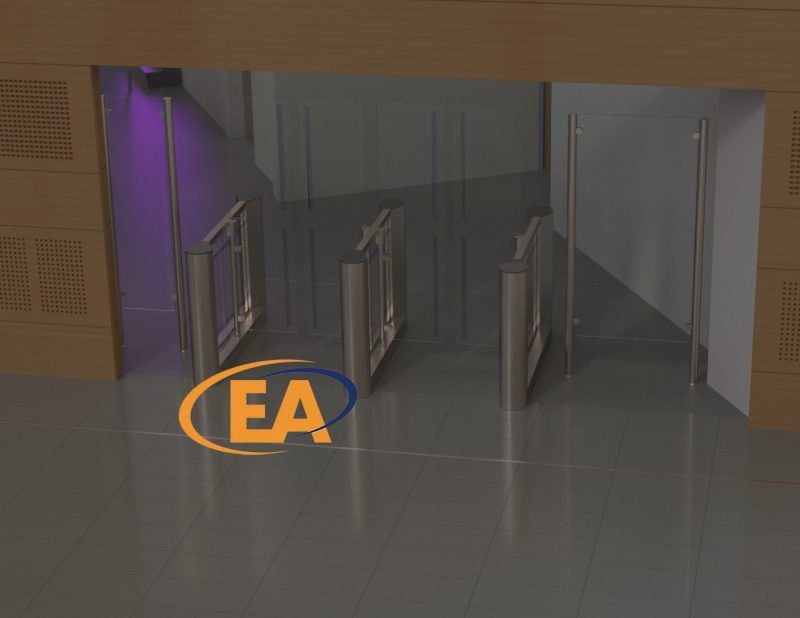 A CAD rendered impression by EA Group of WHG Walsall showing High Glass Speed Gates turnstiles installed